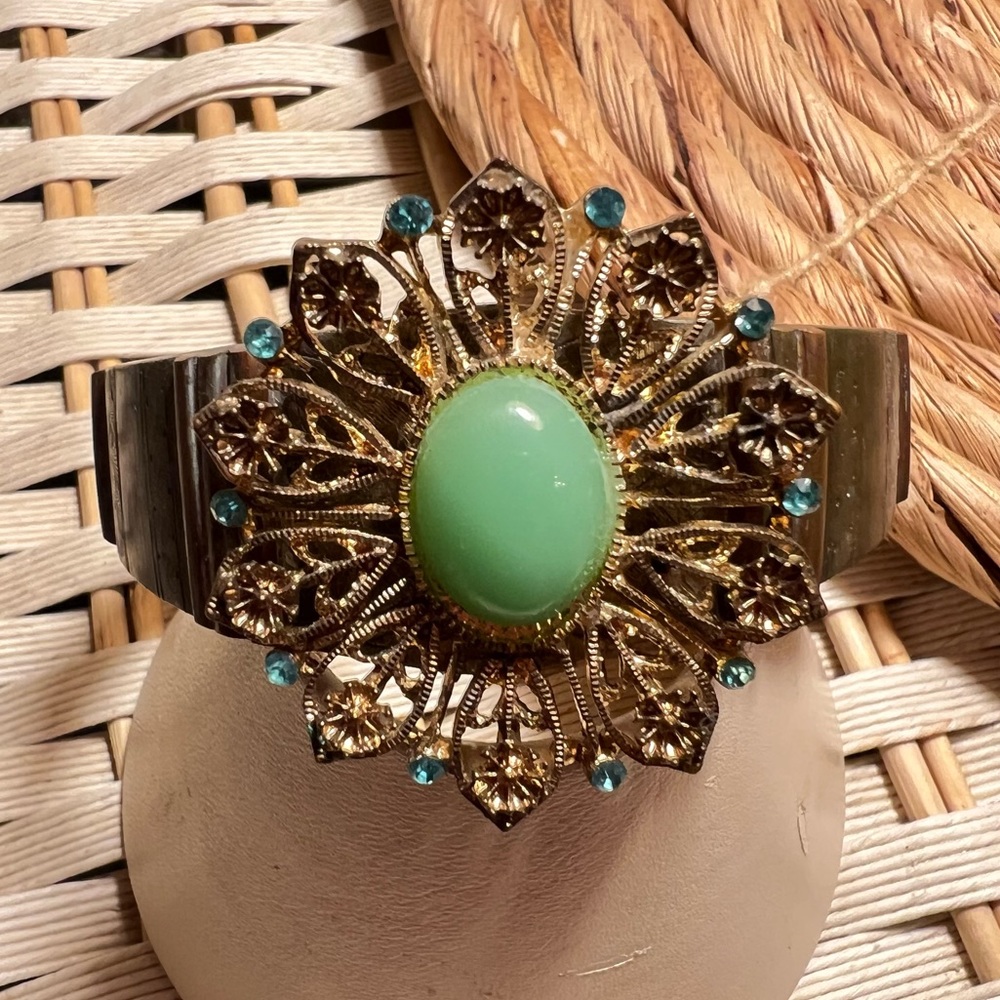 Vintage up cycled solid etched brass cuff bracelet with costume jewelry pendant